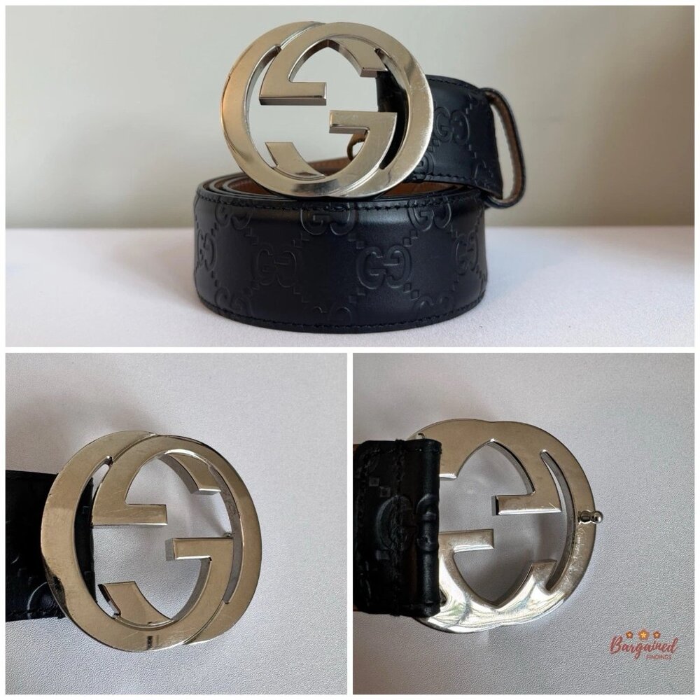 Auth Gucci Black Guccissima Leather Silver Interlocking G Buckle Belt 95/38 - Picture 2 of 13